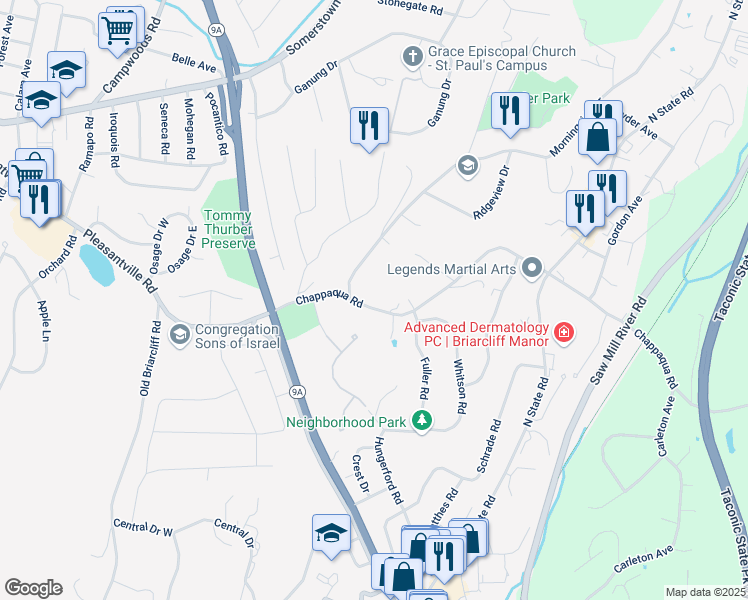 map of restaurants, bars, coffee shops, grocery stores, and more near 105 Chappaqua Road in Briarcliff Manor