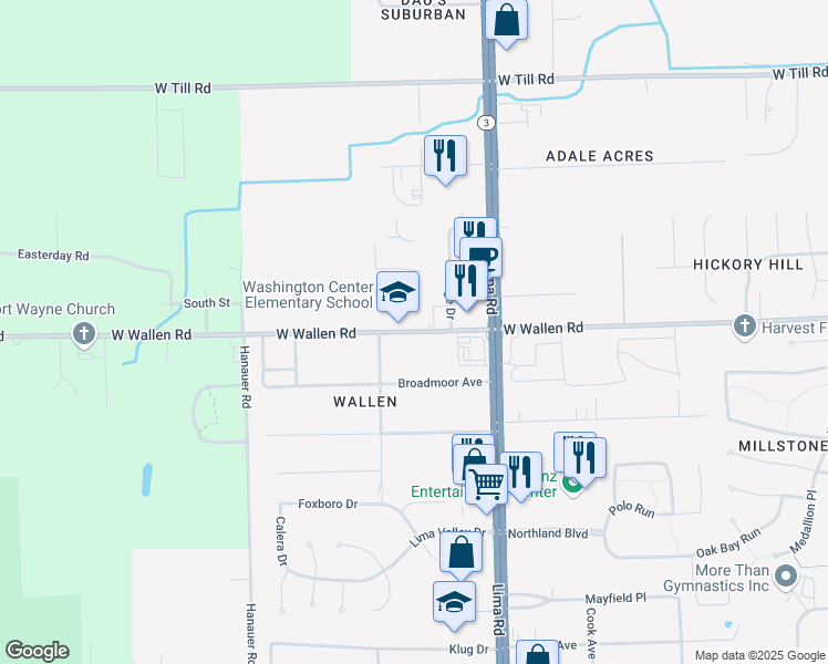 map of restaurants, bars, coffee shops, grocery stores, and more near 1902 West Wallen Road in Fort Wayne