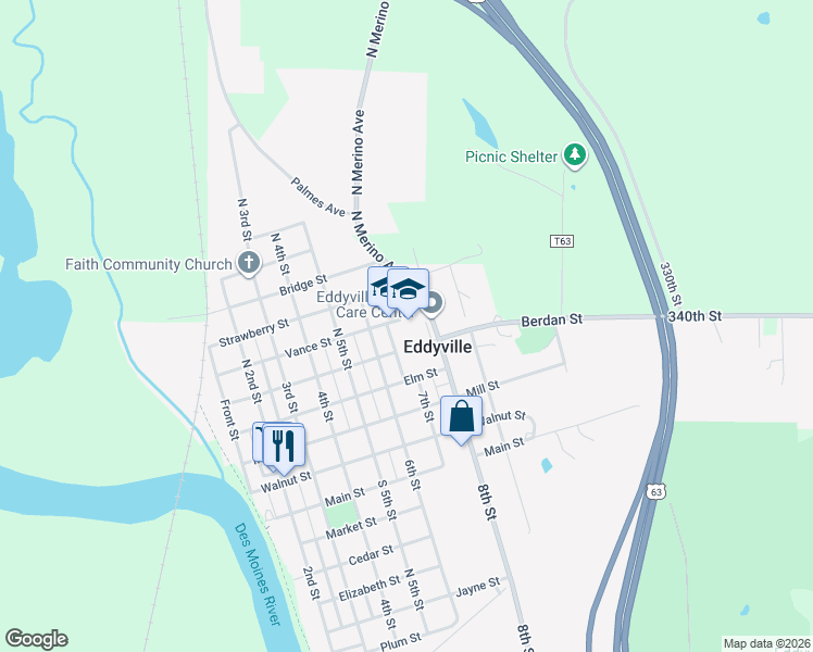 map of restaurants, bars, coffee shops, grocery stores, and more near 702 Vance Street in Eddyville