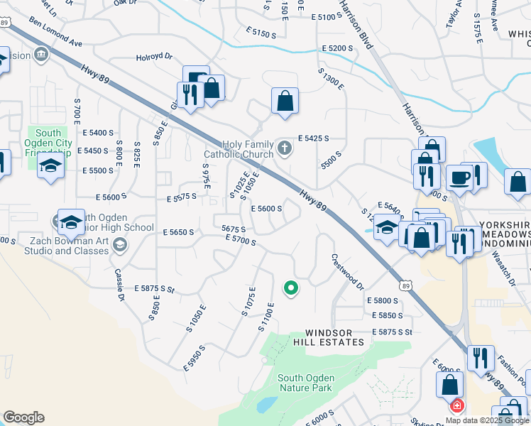 map of restaurants, bars, coffee shops, grocery stores, and more near 5615 South 1075 East in South Ogden