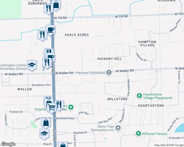 map of restaurants, bars, coffee shops, grocery stores, and more near 1304 West Wallen Road in Fort Wayne