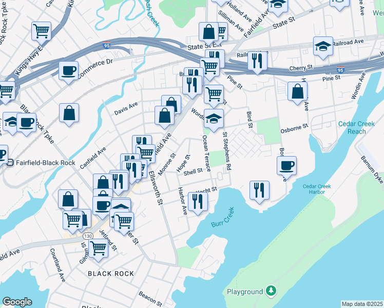 map of restaurants, bars, coffee shops, grocery stores, and more near 171 Hope Street in Bridgeport