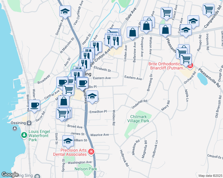 map of restaurants, bars, coffee shops, grocery stores, and more near 37 Ellis Place in Ossining