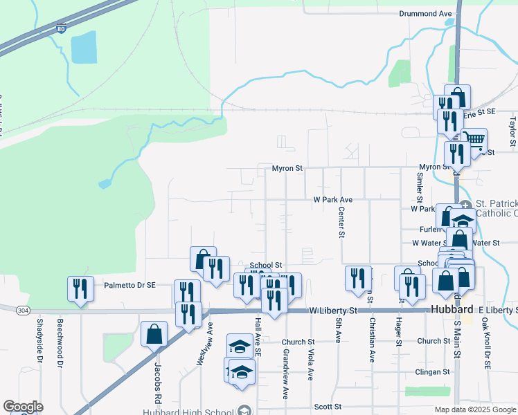 map of restaurants, bars, coffee shops, grocery stores, and more near 830 West Park Avenue in Hubbard