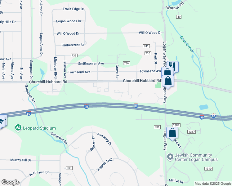 map of restaurants, bars, coffee shops, grocery stores, and more near 1321 Churchill Road in Girard