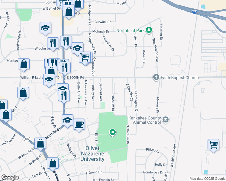 map of restaurants, bars, coffee shops, grocery stores, and more near 291 Stadium Drive in Bourbonnais