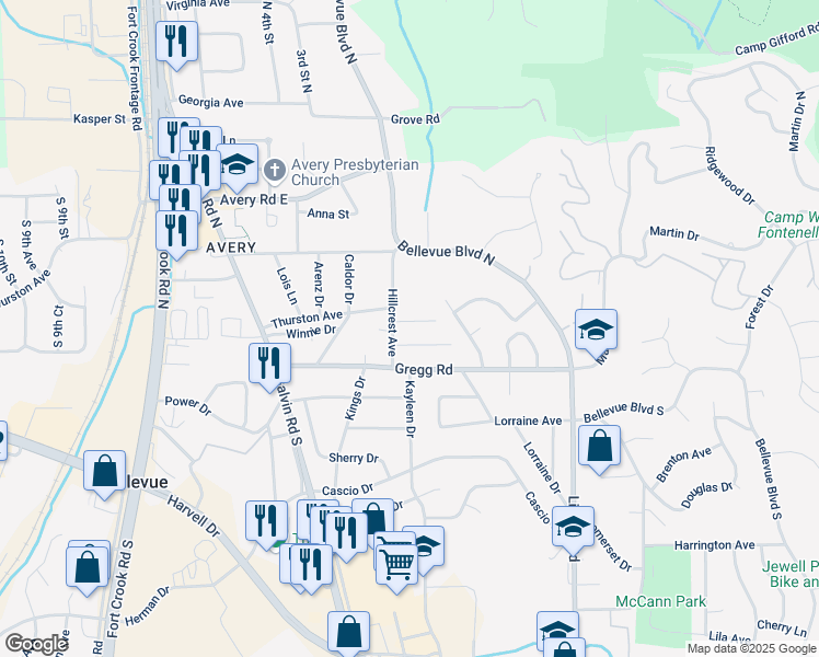 map of restaurants, bars, coffee shops, grocery stores, and more near 1610 Elm Street in Bellevue