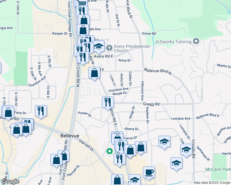 map of restaurants, bars, coffee shops, grocery stores, and more near 2003 Thurston Avenue in Bellevue