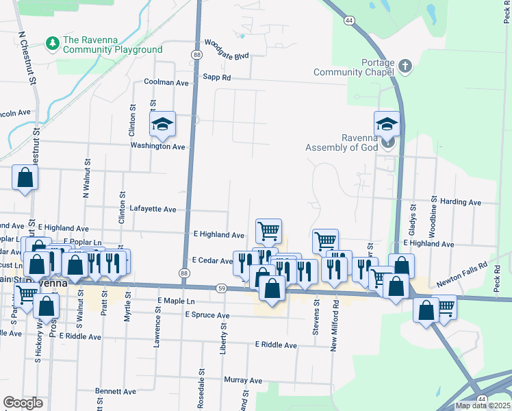 map of restaurants, bars, coffee shops, grocery stores, and more near 337 Linden Street in Ravenna