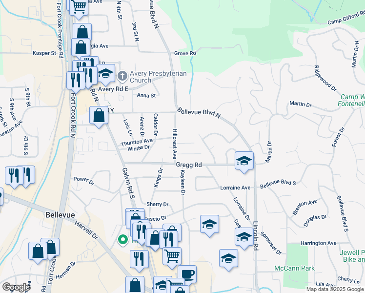 map of restaurants, bars, coffee shops, grocery stores, and more near 1610 Elm Street in Bellevue