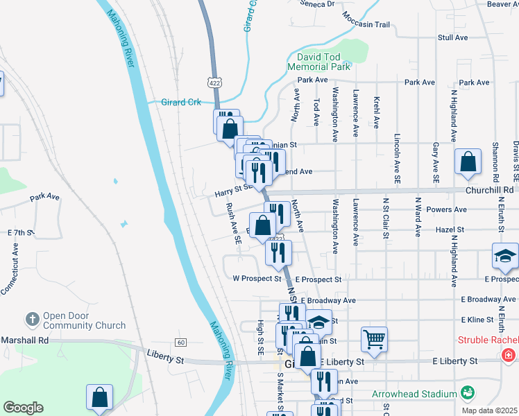 map of restaurants, bars, coffee shops, grocery stores, and more near 19 Stambaugh Street in Girard