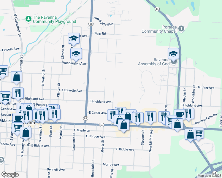 map of restaurants, bars, coffee shops, grocery stores, and more near 337 Linden St in Ravenna
