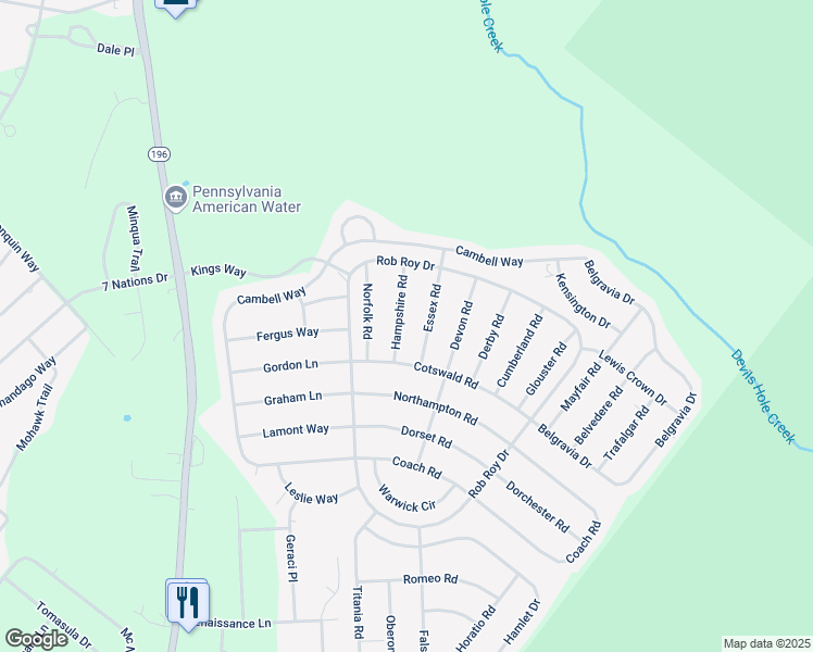 map of restaurants, bars, coffee shops, grocery stores, and more near 2127 Hampshire Road in Tobyhanna