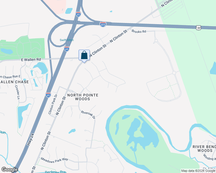 map of restaurants, bars, coffee shops, grocery stores, and more near 8623 Robison Court in Fort Wayne