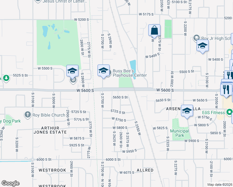 map of restaurants, bars, coffee shops, grocery stores, and more near 2647 West 5625 South in Roy