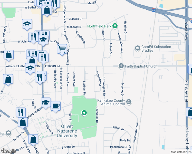 map of restaurants, bars, coffee shops, grocery stores, and more near 303 West Country Court in Bourbonnais