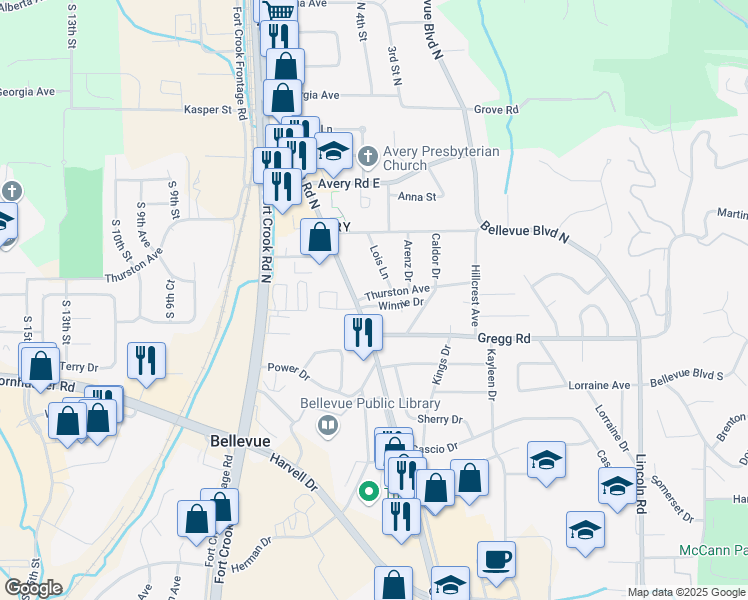 map of restaurants, bars, coffee shops, grocery stores, and more near 2003 Thurston Avenue in Bellevue