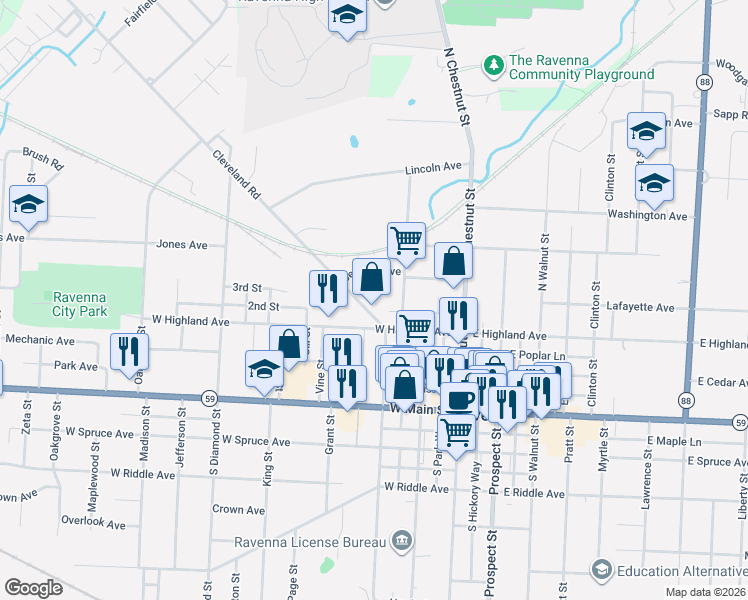 map of restaurants, bars, coffee shops, grocery stores, and more near 420 Cleveland Road in Ravenna