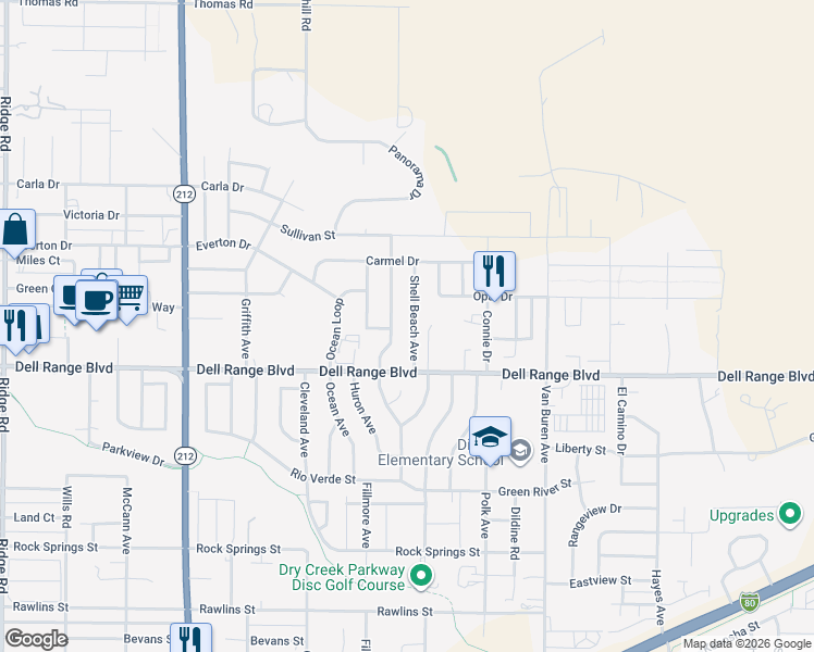 map of restaurants, bars, coffee shops, grocery stores, and more near 4704 Shell Beach Avenue in Cheyenne