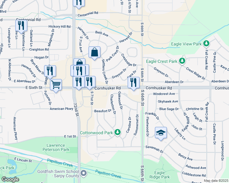 map of restaurants, bars, coffee shops, grocery stores, and more near 1508 Charleston Drive in Papillion