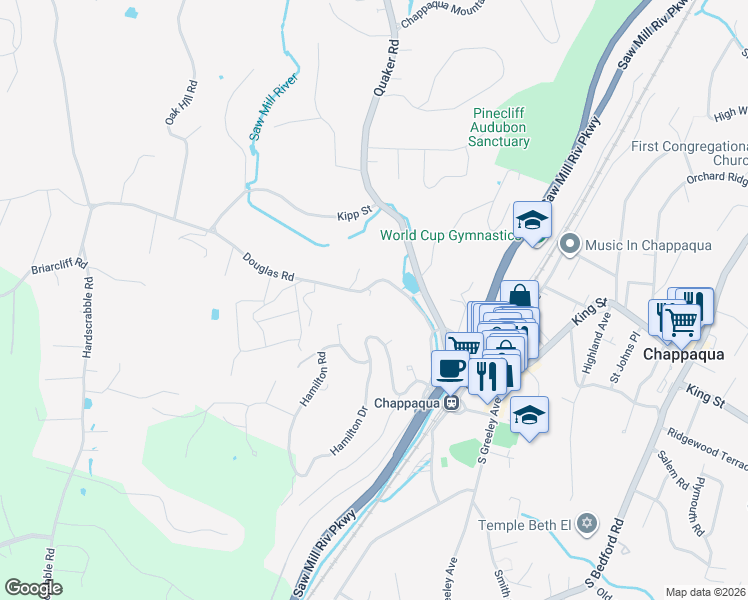 map of restaurants, bars, coffee shops, grocery stores, and more near 82 Douglas Road in Chappaqua