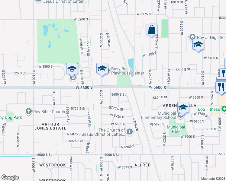 map of restaurants, bars, coffee shops, grocery stores, and more near 2656 West 5625 South in Roy