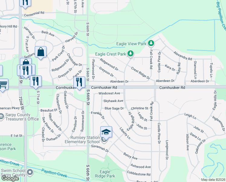map of restaurants, bars, coffee shops, grocery stores, and more near 2000 Windcrest Avenue in Papillion