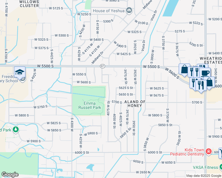 map of restaurants, bars, coffee shops, grocery stores, and more near 5644 4075 West Street in Roy
