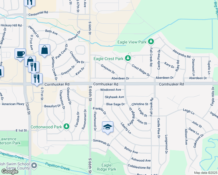 map of restaurants, bars, coffee shops, grocery stores, and more near 1900 Windcrest Avenue in Papillion