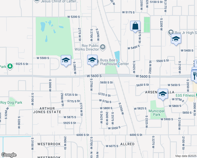 map of restaurants, bars, coffee shops, grocery stores, and more near 5625 2650 West Street in Roy