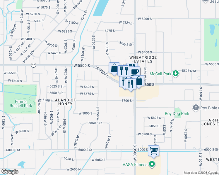 map of restaurants, bars, coffee shops, grocery stores, and more near 5630 South 3700 West in Roy