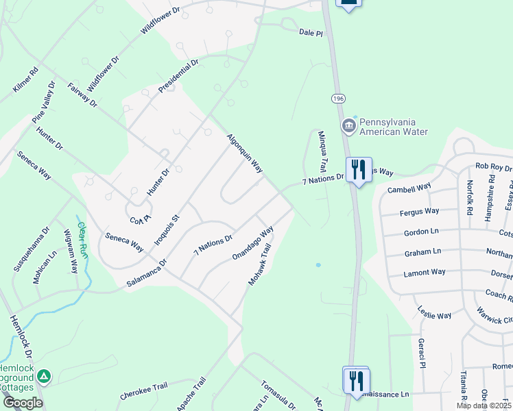 map of restaurants, bars, coffee shops, grocery stores, and more near 1070 7 Nations Drive in Tobyhanna