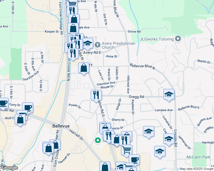 map of restaurants, bars, coffee shops, grocery stores, and more near 1901 Thurston Avenue in Bellevue
