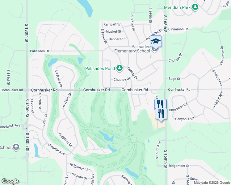 map of restaurants, bars, coffee shops, grocery stores, and more near 9901 South 173rd Circle in Omaha