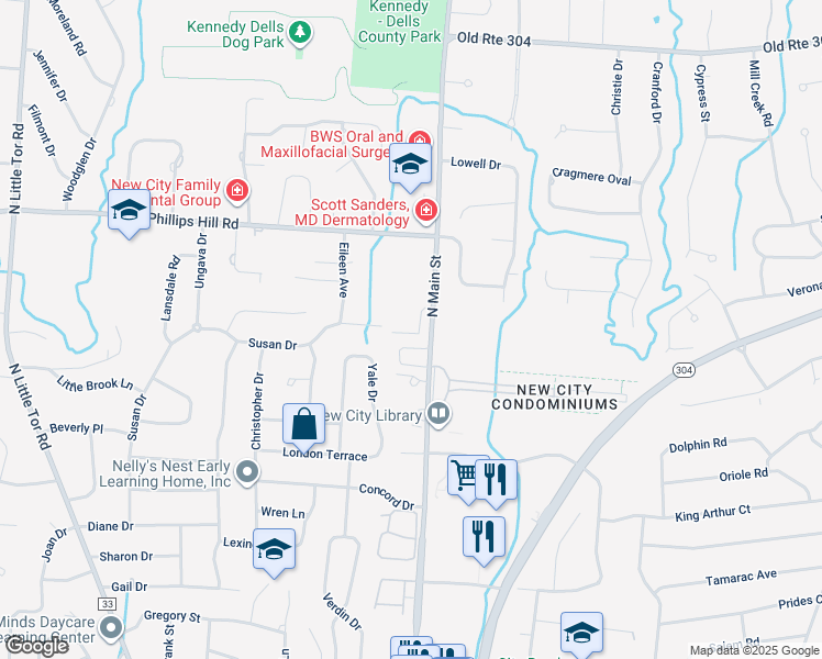 map of restaurants, bars, coffee shops, grocery stores, and more near 269 North Main Street in New City
