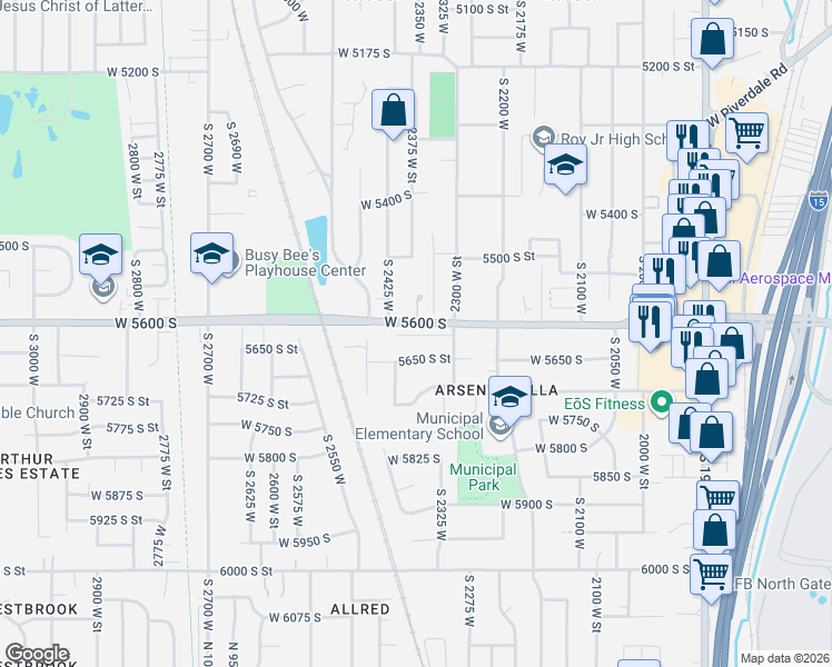map of restaurants, bars, coffee shops, grocery stores, and more near 2334 Chateau Drive in Roy