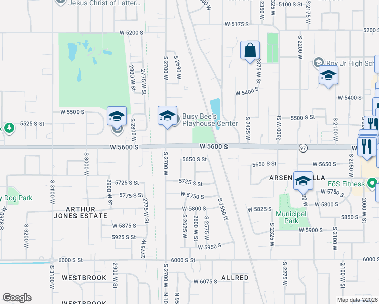 map of restaurants, bars, coffee shops, grocery stores, and more near 2597 West 5600 South in Roy