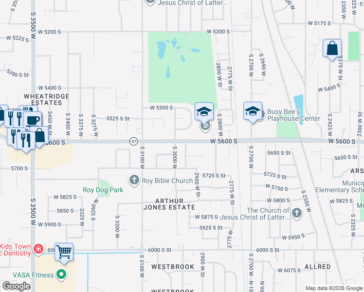 map of restaurants, bars, coffee shops, grocery stores, and more near 5616 South 3000 West in Roy