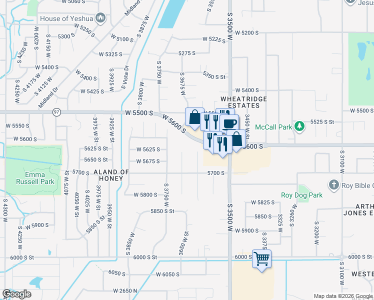 map of restaurants, bars, coffee shops, grocery stores, and more near 5630 South 3700 West in Roy