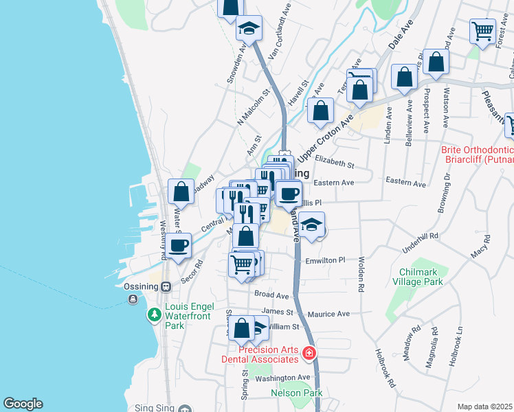 map of restaurants, bars, coffee shops, grocery stores, and more near Spring Street in Ossining