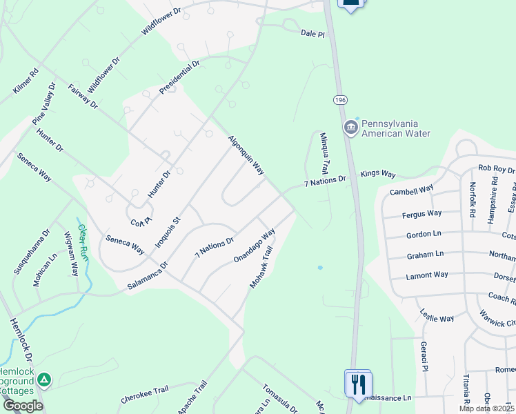 map of restaurants, bars, coffee shops, grocery stores, and more near 1070 7 Nations Drive in Tobyhanna
