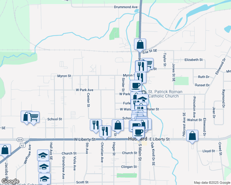 map of restaurants, bars, coffee shops, grocery stores, and more near 410 Stewart Street in Hubbard