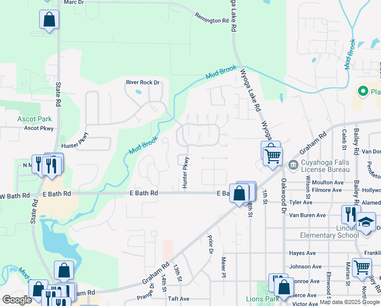 map of restaurants, bars, coffee shops, grocery stores, and more near 3397 Bristol Lane in Cuyahoga Falls