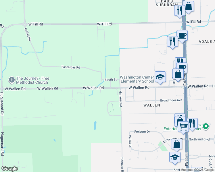 map of restaurants, bars, coffee shops, grocery stores, and more near 8921 Center Street in Fort Wayne