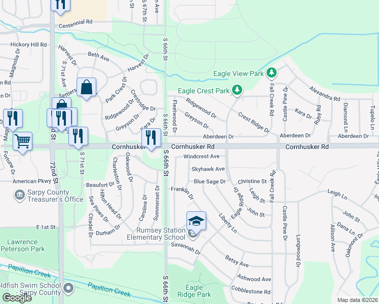 map of restaurants, bars, coffee shops, grocery stores, and more near 1900 Windcrest Avenue in Papillion