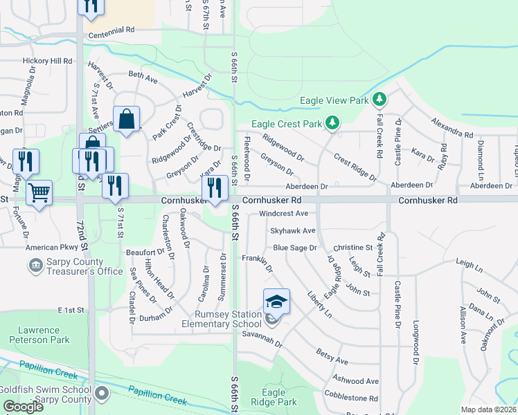 map of restaurants, bars, coffee shops, grocery stores, and more near 1900 Windcrest Avenue in Papillion