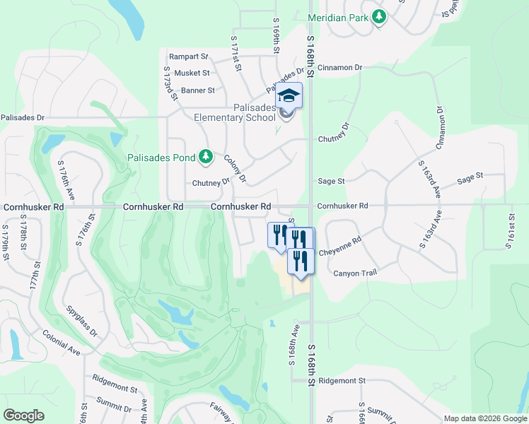 map of restaurants, bars, coffee shops, grocery stores, and more near 4 Cornhusker Road in Omaha