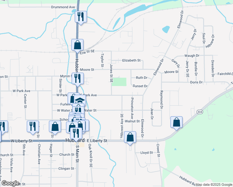 map of restaurants, bars, coffee shops, grocery stores, and more near 336 East Park Avenue in Hubbard