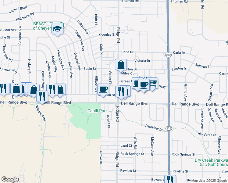 map of restaurants, bars, coffee shops, grocery stores, and more near 3304 Sheridan Street in Cheyenne