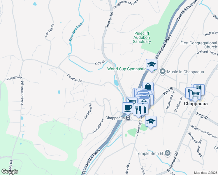map of restaurants, bars, coffee shops, grocery stores, and more near 62 Douglas Road in Chappaqua